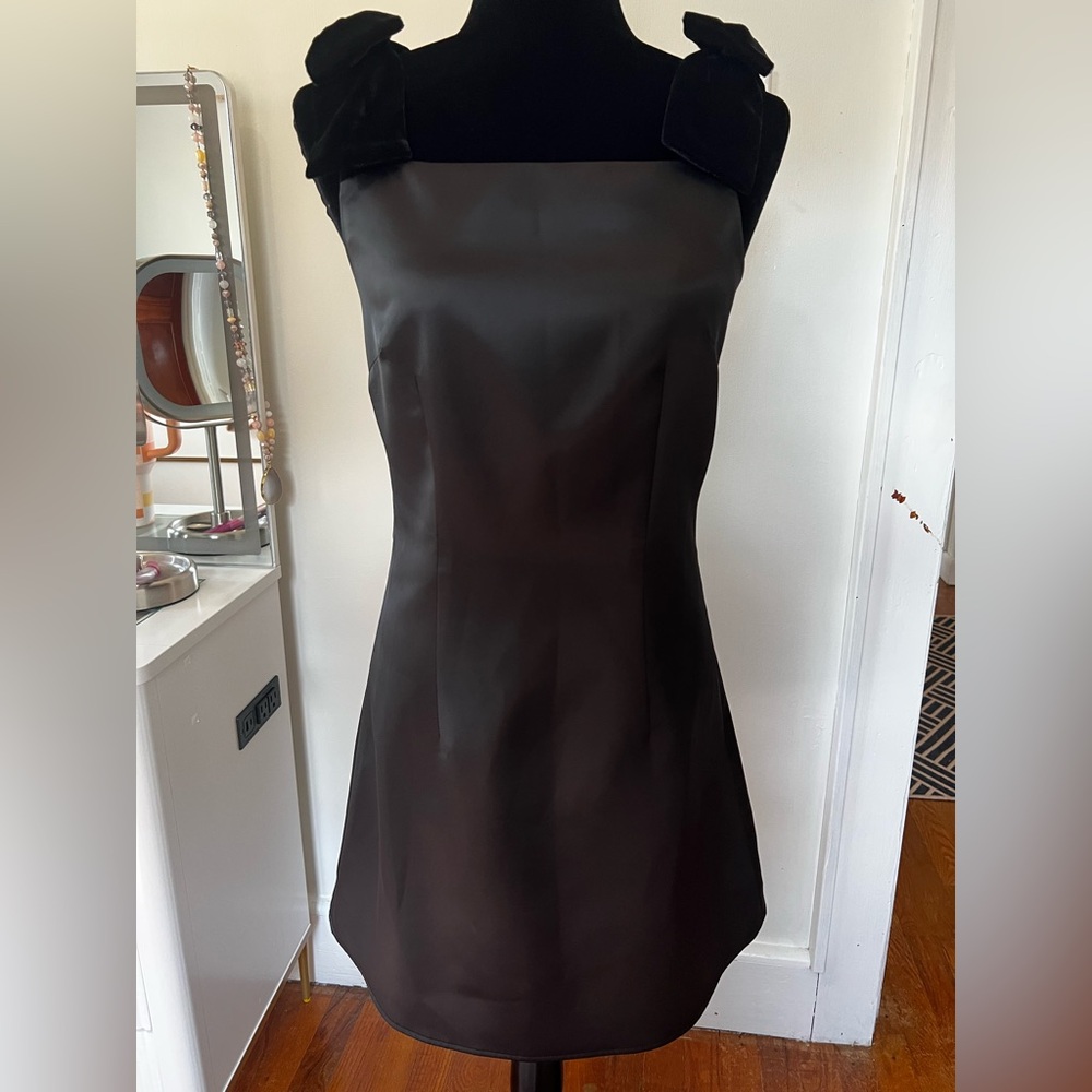 French Connection Black Bow Strap Mini Dress A-Line Satin Look Size 2 - Picture 4 of 9